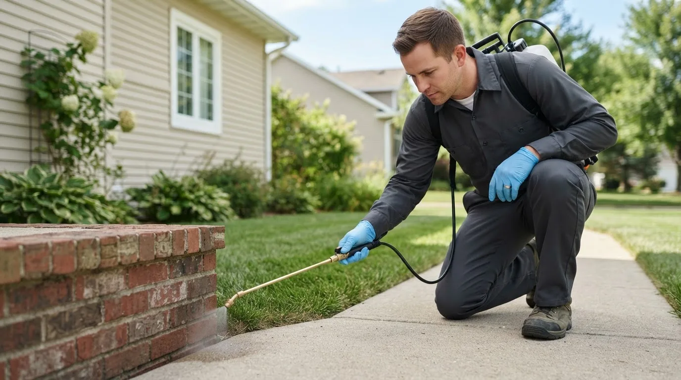 Pest control technician treating a home near Bowersville, OH
