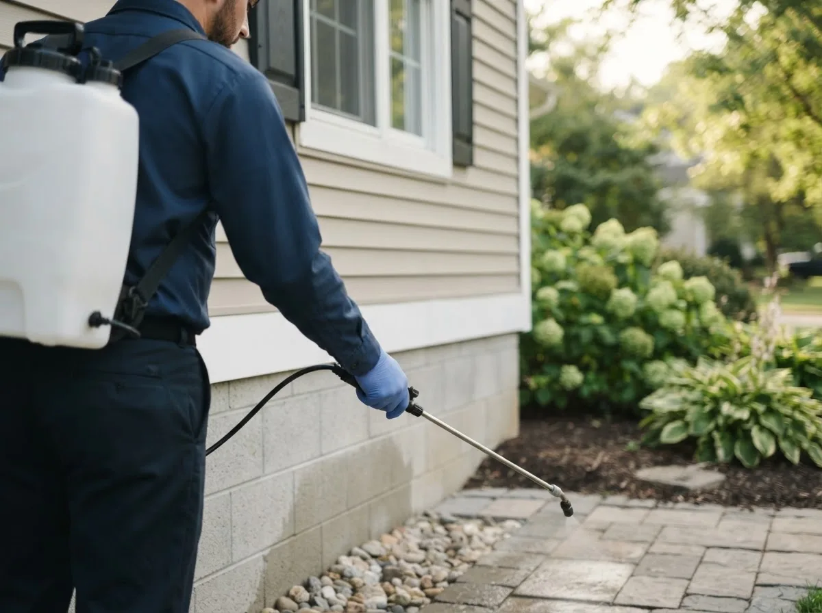 Pest control technician inspecting a home in Bowersville, OH